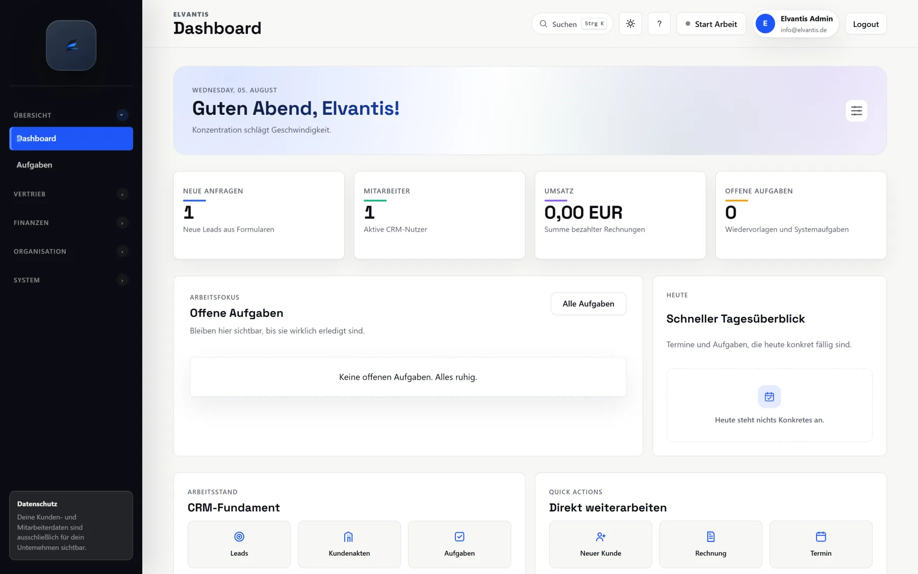 Dashboard-Übersicht von Elvantis CRM mit offenen Aufgaben, Tagesüberblick und Team-Status